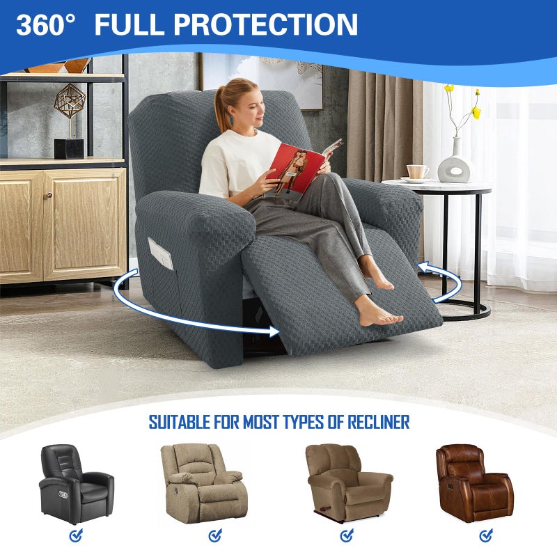 MAXIJIN Recliner Cover Slipcovers for Living Room 4 Pieces Stretch Jacquard Recliner Chair Cover Soft Fitted Recliner Protector with Elastic Bottom for Kids, Pets (Recliner, Dark Gray) - Image 2